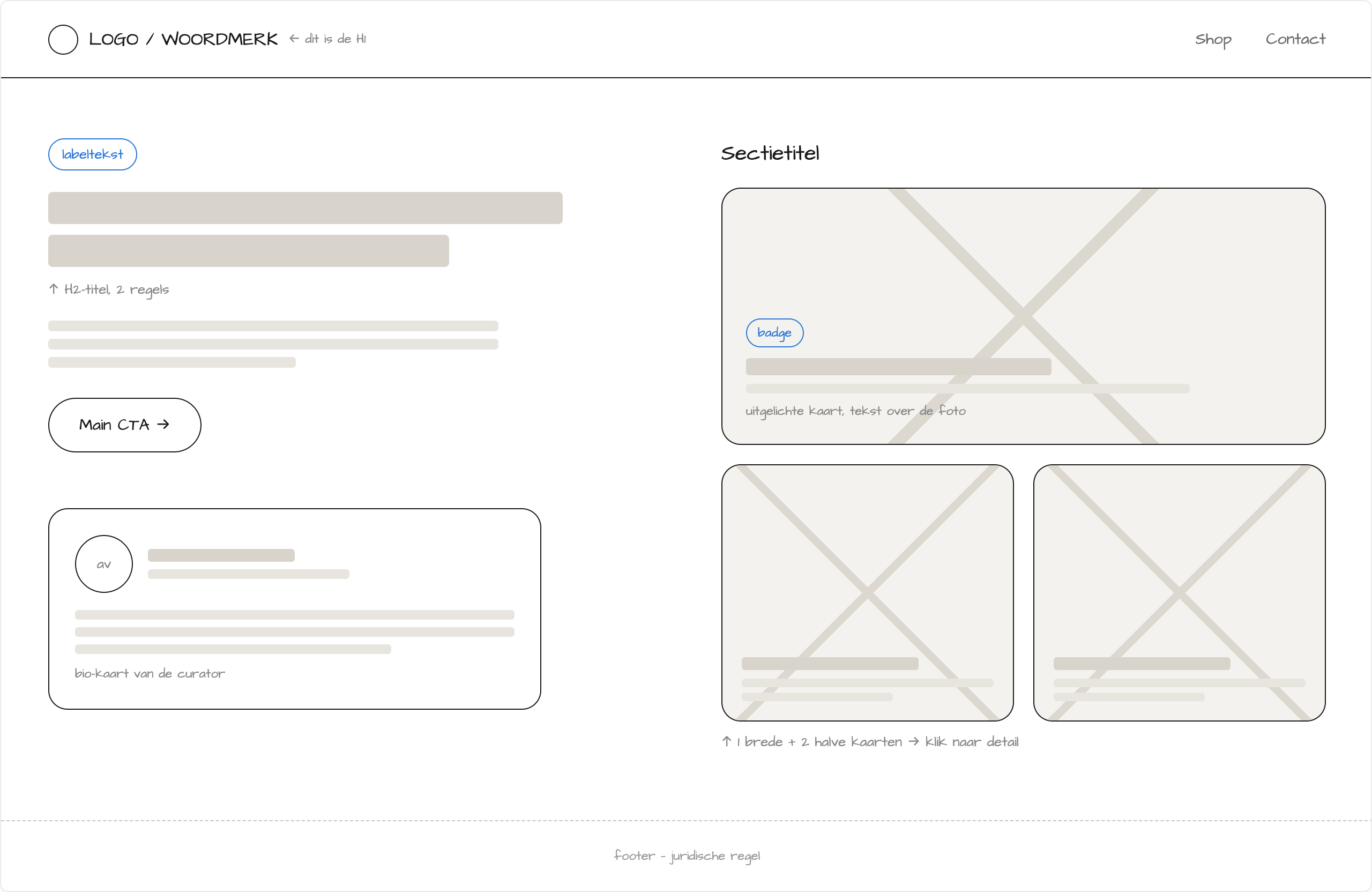 Desktop-wireframe van de homepage