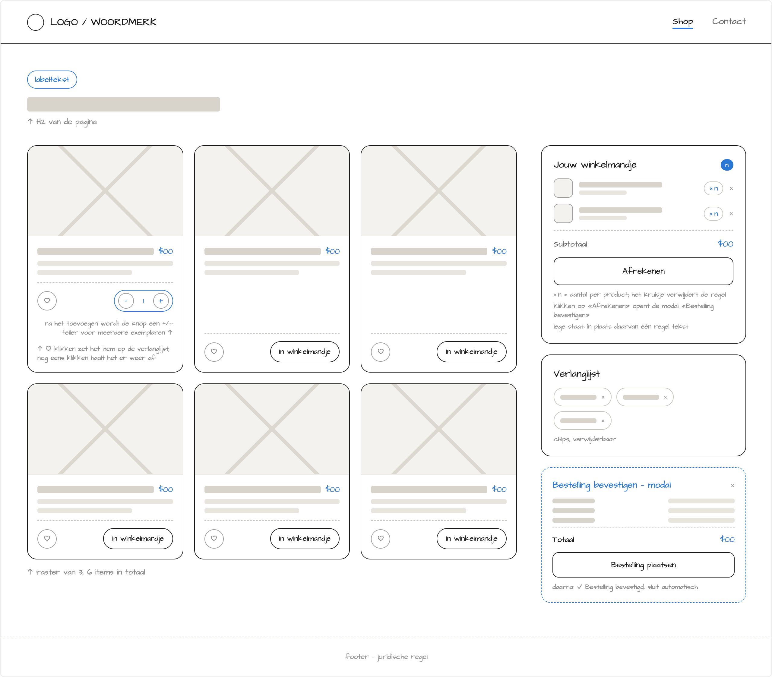 Desktop-wireframe van de shoppagina