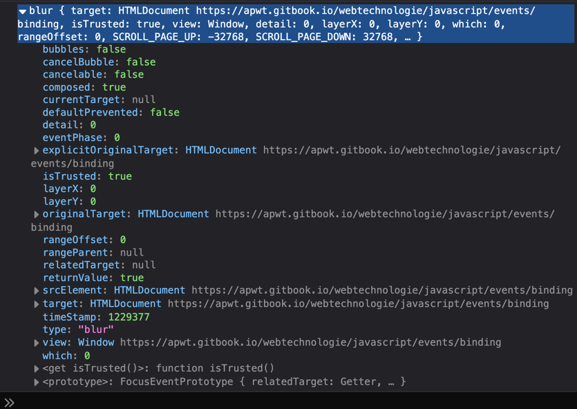 voorbeeld van een event object in de console
