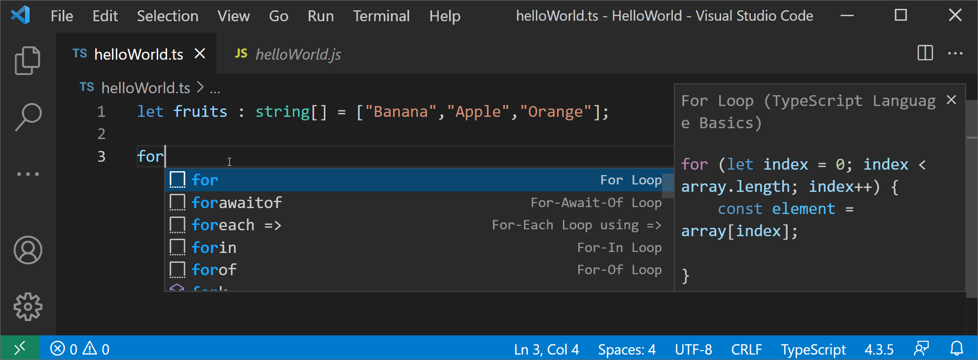 IDE snippet voor for-loop generatie