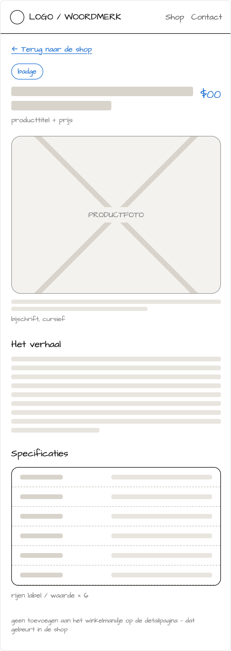 Mobiele wireframe van een productdetailpagina