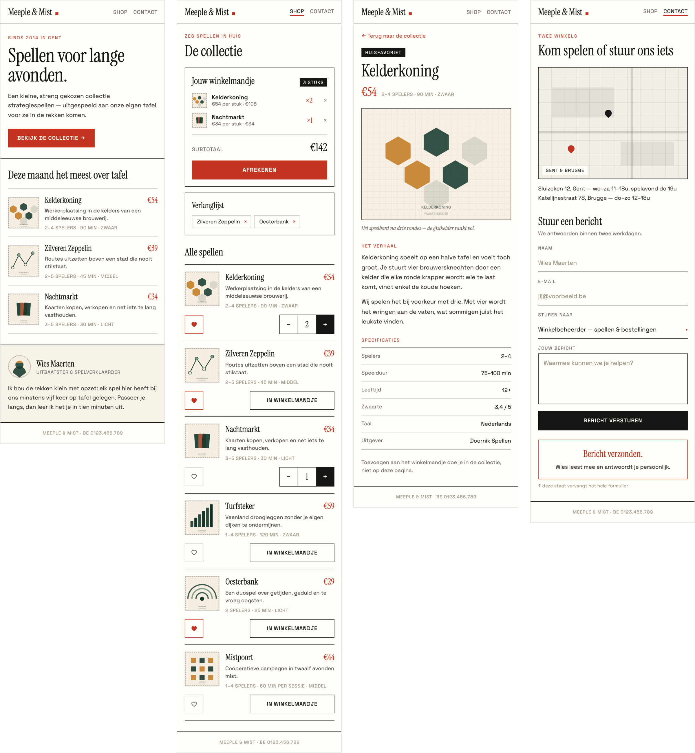 Voorbeeldwebshop Meeple & Mist op mobiel: homepage, shop, detailpagina en contactpagina
